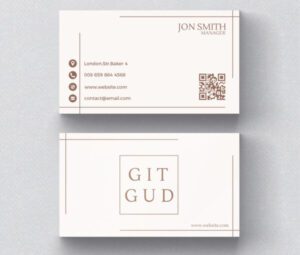 Elegant gold foil business cards with "GIT GUD" design, contact information, and QR code, ideal for premium branding.