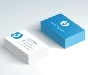 Eco-friendly recycled business cards with a modern blue and white design, featuring a logo, ideal for sustainable branding.