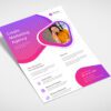 A5 flyer design for a marketing agency, featuring a woman on the phone, vibrant purple and pink gradients, and sections for "Why Choose Us," "About Us," and contact information.