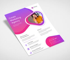 A5 flyer design for a marketing agency, featuring a woman on the phone, vibrant purple and pink gradients, and sections for "Why Choose Us," "About Us," and contact information.