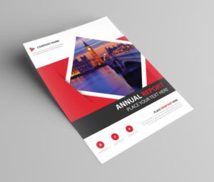 A4 flyer template for annual reports, featuring modern design with Big Ben landmark, company branding, and text areas.