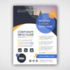 A5 laminated flyer template for corporate brochures, featuring modern blue and orange design, contact details, and logo placement.