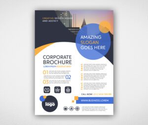 A5 laminated flyer template for corporate brochures, featuring modern blue and orange design, contact details, and logo placement.