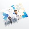A6 laminated flyer mockup displaying a modern blue geometric design, showcasing both front and back for business promotions.