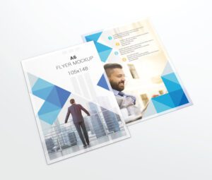 A6 laminated flyer mockup displaying a modern blue geometric design, showcasing both front and back for business promotions.