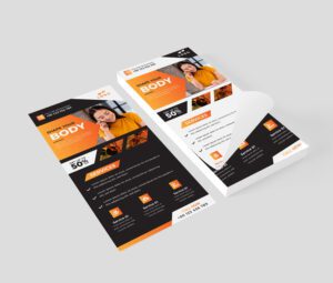 Professional DL flyer design template with modern orange accents, promoting body shaping services and special discounts.