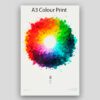 A3 color print featuring a vibrant, abstract paint splatter color wheel with a white radial burst