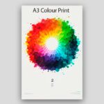 A3 color print featuring a vibrant, abstract paint splatter color wheel with a white radial burst