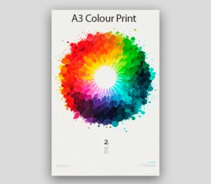 A3 color print featuring a vibrant, abstract paint splatter color wheel with a white radial burst