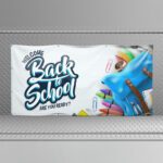 A 'Welcome Back to School' PVC banner with colorful school supplies, perfect for marketing and events.