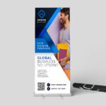 A standard rollup banner with a 'Global Business Solutions' design, featuring a modern template. Easy to set up and transport for marketing.
