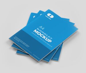 Stack of professional A4 self-cover booklets with blue branding, perfect for showcasing your business's content and design.