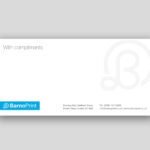 BarnoPrint DL compliment slip design with logo, contact details, and ‘With compliments’ text printed on white background.