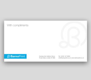 BarnoPrint DL compliment slip design with logo, contact details, and ‘With compliments’ text printed on white background.