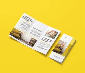 A DL C-folded leaflet for interior design, featuring a vibrant yellow color scheme and home decor images.