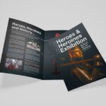 A5 4pp folded leaflet showcasing a 'Heroes & Heroines Exhibition' with medieval-themed imagery.