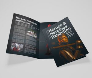 A5 4pp folded leaflet showcasing a 'Heroes & Heroines Exhibition' with medieval-themed imagery.