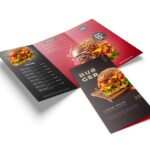 A 1/3 A3 6-page folded leaflet for a burger menu, featuring vibrant food photography and a modern design.