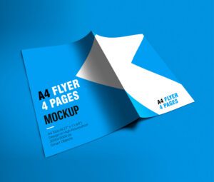 A vibrant blue A4 4-page folded leaflet mockup, showcasing a clean, high-resolution design template.