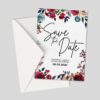 A vibrant floral wedding invitation for Florence and George, showcasing red and teal watercolor flowers and a handwritten script font