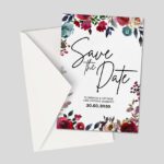 A vibrant floral wedding invitation for Florence and George, showcasing red and teal watercolor flowers and a handwritten script font
