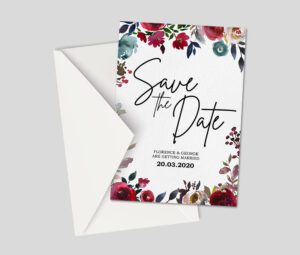 A vibrant floral wedding invitation for Florence and George, showcasing red and teal watercolor flowers and a handwritten script font