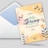 A stylish A6 invitation card featuring a "Spring Party" theme with abstract flowers, shown next to a white envelope
