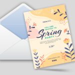 A stylish A6 invitation card featuring a "Spring Party" theme with abstract flowers, shown next to a white envelope