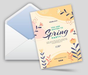 A stylish A6 invitation card featuring a "Spring Party" theme with abstract flowers, shown next to a white envelope