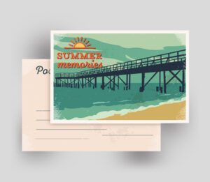 A vintage-style postcard with a 'Summer Memories' design of a pier over the ocean, showcasing a customizable greeting card.