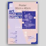 Geometric 30cm x 40cm poster for an "art exhibition." The design features abstract shapes in blue and purple tones.
