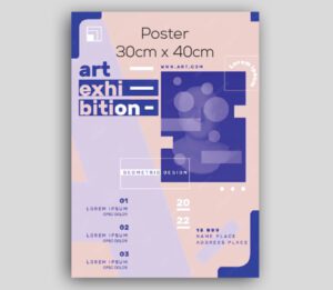 Geometric 30cm x 40cm poster for an "art exhibition." The design features abstract shapes in blue and purple tones.