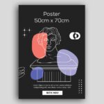 A stylish 50cm x 70cm poster featuring a white line art drawing of a classical bust with colored abstract shapes.