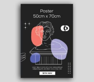 A stylish 50cm x 70cm poster featuring a white line art drawing of a classical bust with colored abstract shapes.
