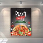 A1 poster advertising a "Pizza Party." It features a vibrant, hand-drawn illustration of a pizza and various toppings.