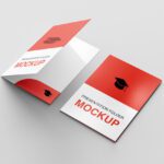 Red and white glued presentation folders with a graduation cap illustration for professional and academic documents.