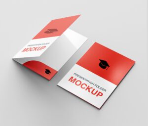 Red and white glued presentation folders with a graduation cap illustration for professional and academic documents.