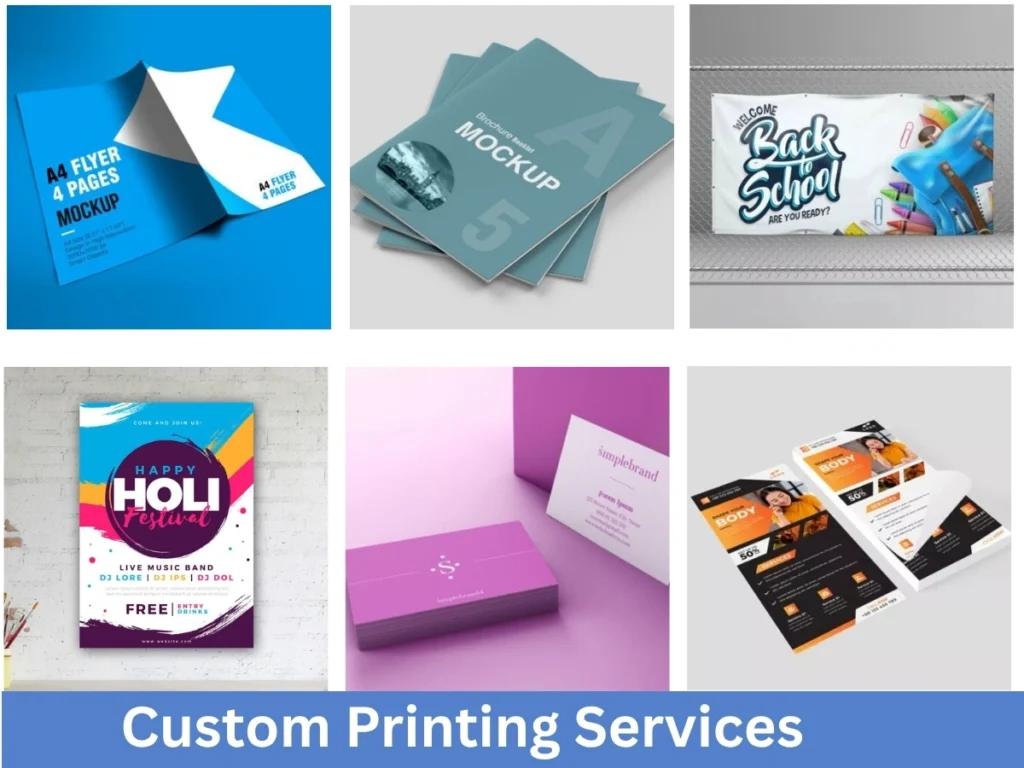 Custom printing services examples: A4 flyers, brochures, 'Back to School' mailers, festival posters, business cards, and leaflets.