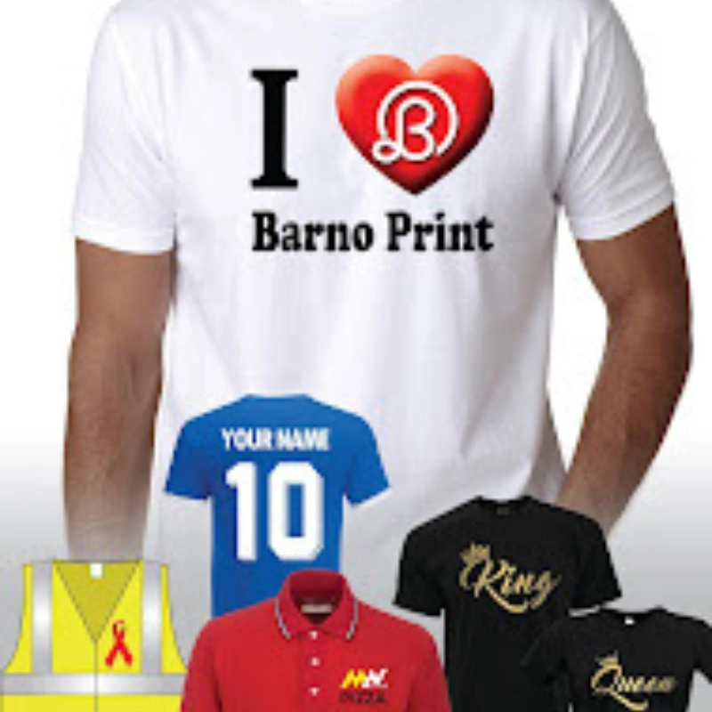 Custom T-shirt print shop in East London offering personalized shirts, hi-vis vests, polo tops, and jersey printing services