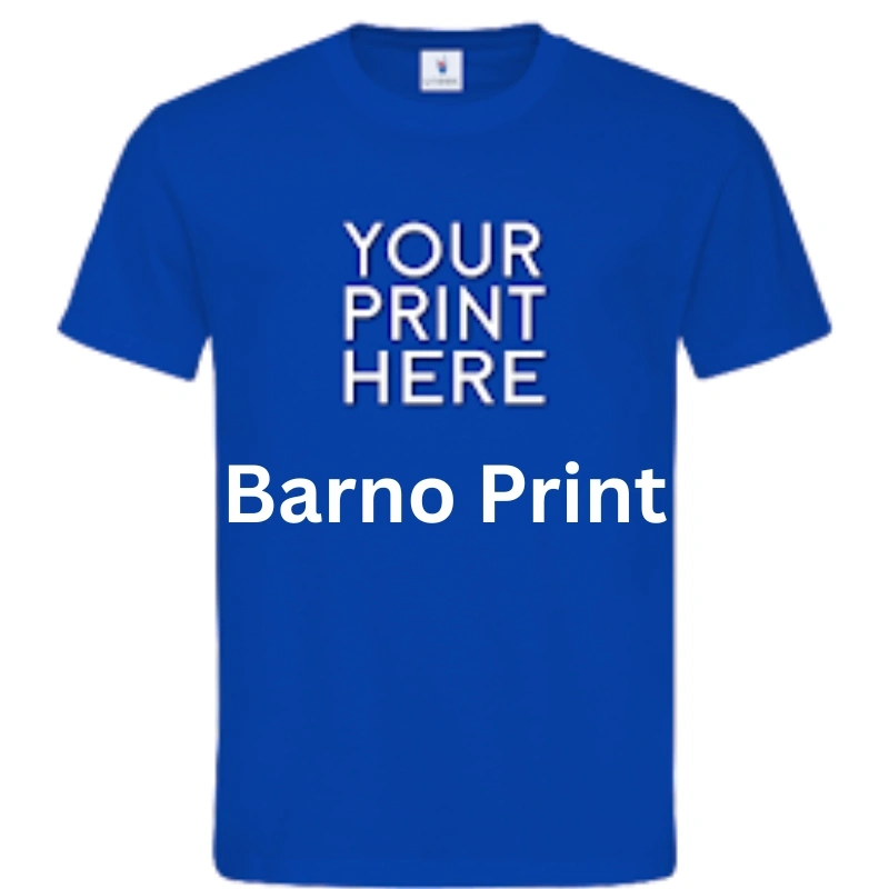 Blue t-shirt illustration for Barno Print, offering professional printing services for custom apparel in East London
